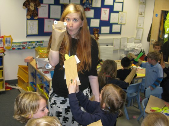 Bee Daws, one of our puppetry tutors, demonstrates to students.